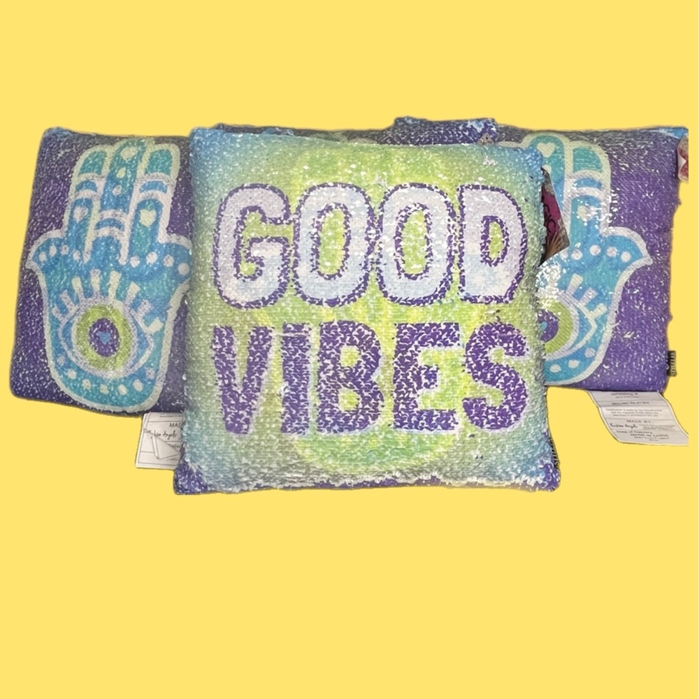 Good Vibes / Hamsa Pair of Sequin Throw Pillows NEW